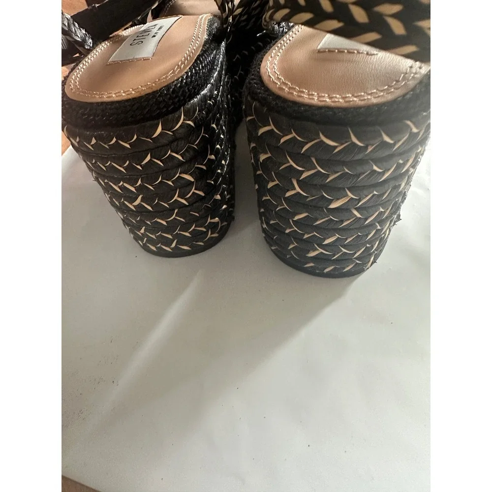Steven New York Woven Espadrille Wedge Sandals Black Tan Ankle Strap Platform